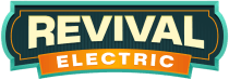 A logo with the words Revival Electric in bold letters on a dark background with teal and orange accents.