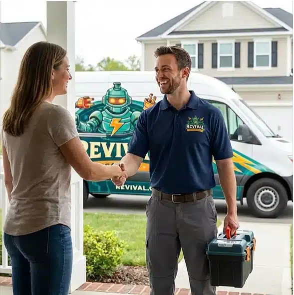 A technician in a Revival uniform shakes hands with a woman at her doorstep while holding a toolbox, with a branded service van parked in the background.