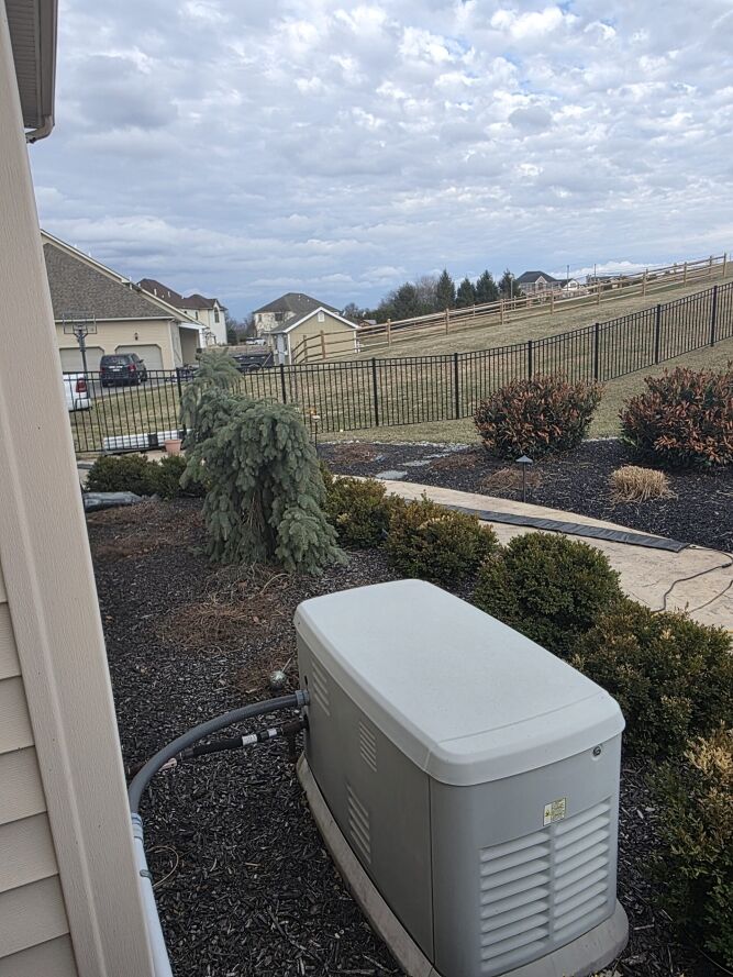 A large gray standby generator sits on mulch near shrubs and a small evergreen tree, next to a house with a fenced backyard and cloudy sky overhead.