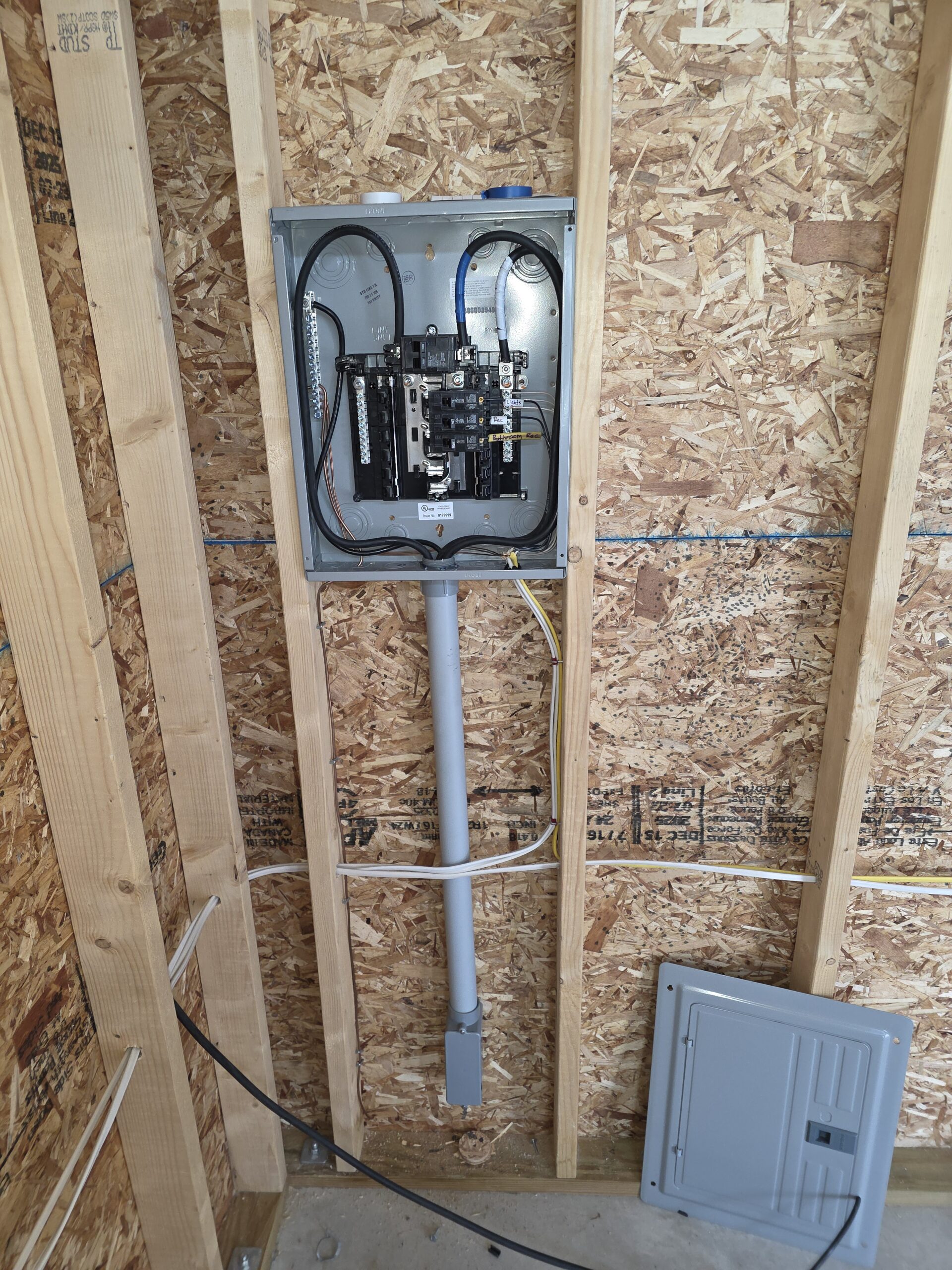Electrical panel mounted on an unfinished plywood wall with exposed studs; several wires enter the panel, and a conduit runs vertically below it.