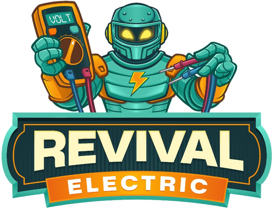 Illustration of a robot electrician holding a voltmeter and cables above a sign that reads Revival Electric.