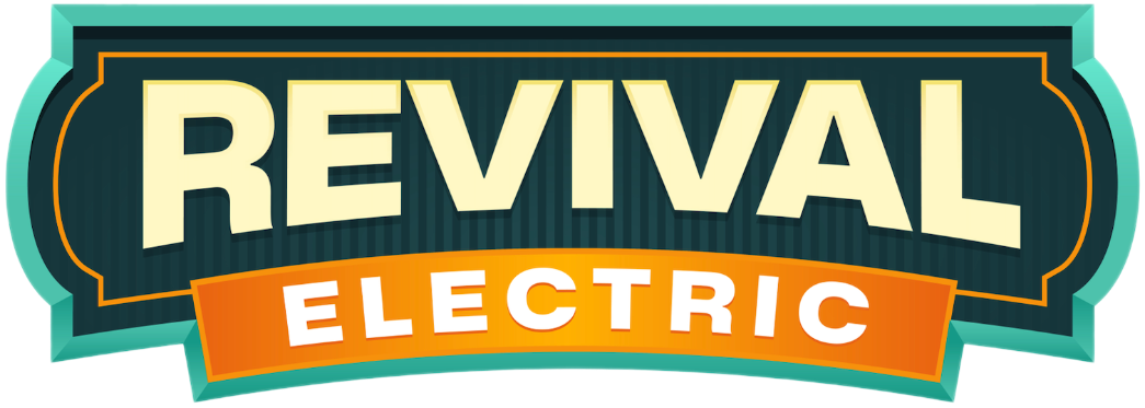 A logo with the words Revival Electric in bold letters on a dark background with teal and orange accents.